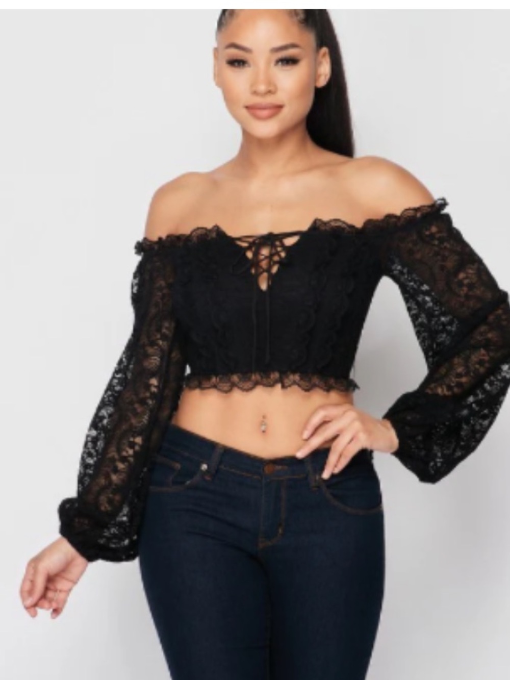 Black Lace Crop Top with Tie Front
